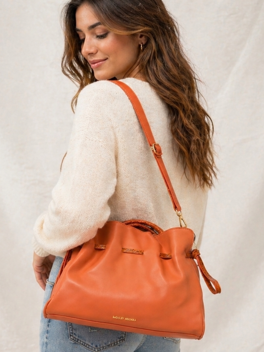 Badgley Mischka Solid/Snake Combo Shouldet Bag Vibrant Coral Ruched Adj Strap - Picture 2 of 10